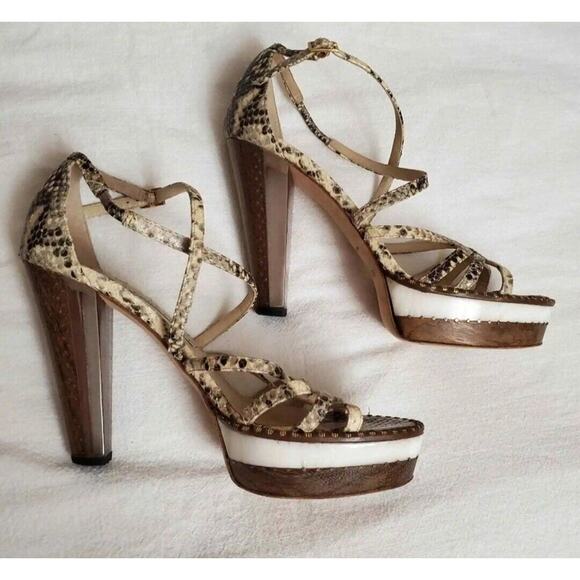 Jimmy Choo Python Print London Tone Block Heel Sandals Women's Size 39.5 Classic - Picture 4 of 12